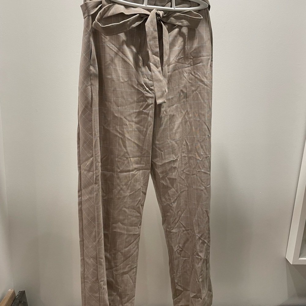 Women's Tan Plaid Tie-Waist Pants with blue line - New without tags